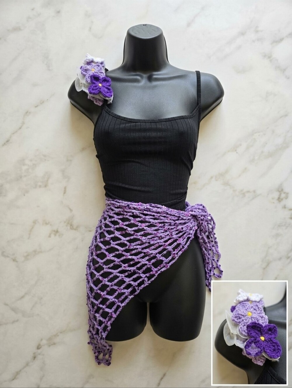 Handmade Purple Crochet Diamond Mesh Sarong With Lily Applique Clamp, Multi Size